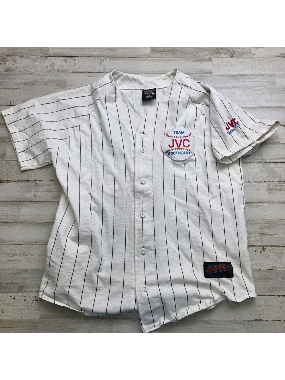 VTG Soffe Baseball Jersey JVC Audio Visual Pinstripe Made in USA Cotton Mens LG